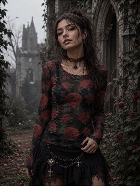Orange Kiss Sheer Mesh Rose Print Whimsigoth Fairy Grunge Top Size M